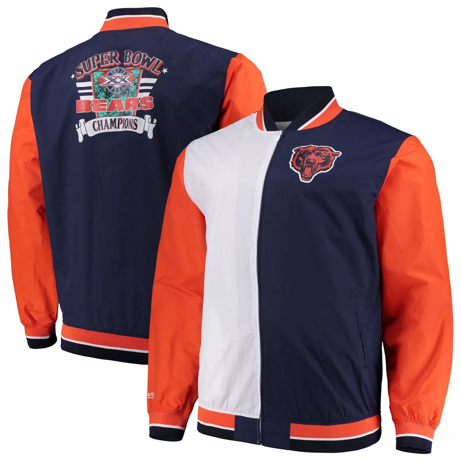 

Мужская разминочная куртка Mitchell & Ness темно-синего/белого цвета Chicago Bears Big & Tall Team History 2.0, Синий, Мужская разминочная куртка Mitchell & Ness темно-синего/белого цвета Chicago Bears Big & Tall Team History 2.0