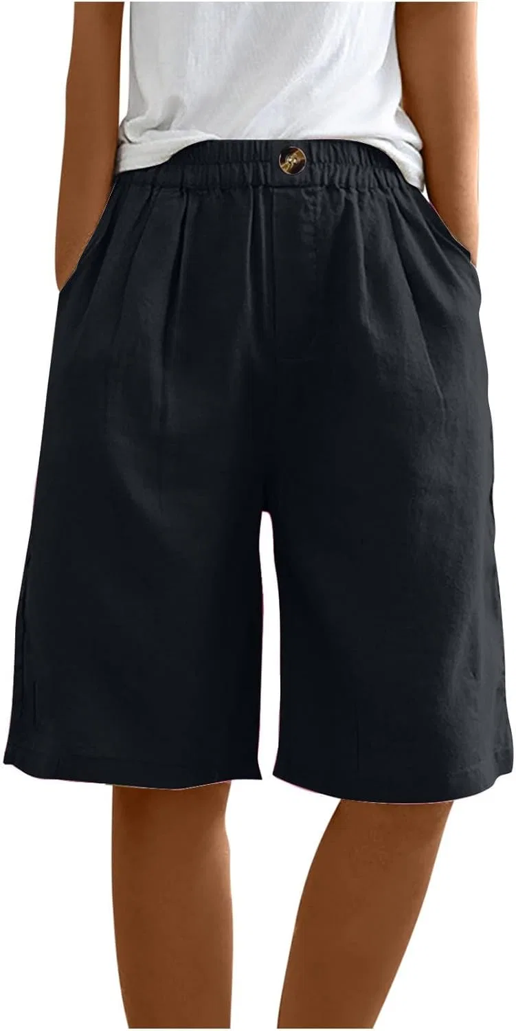 Шорты женские хлопковые льняные с карманами, NATHGAM, длина до колена, черные — фото 3