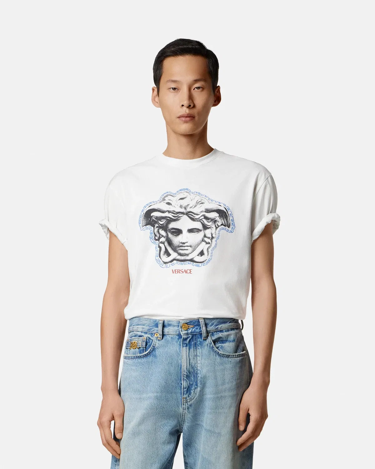 Футболка прямого кроя из хлопкового джерси с принтом VERSACE, белый — фото 2