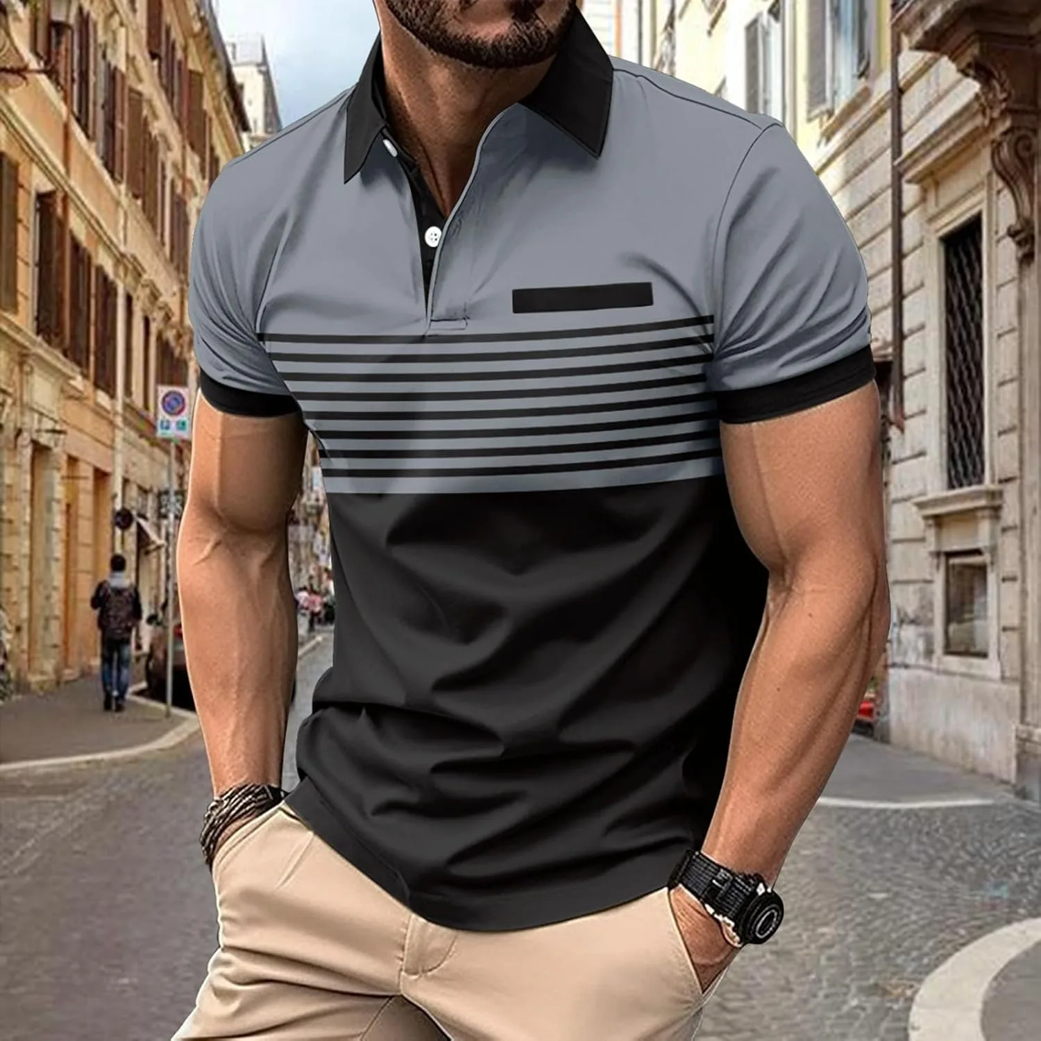 Мужская поло с карманом, короткий рукав, полоска, slim fit — фото 2