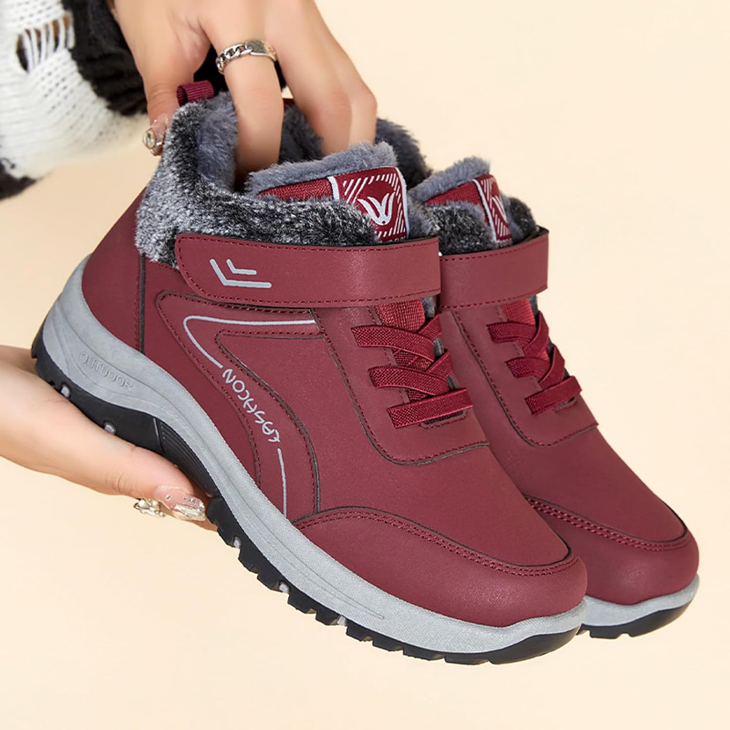 зимние ботинки для женщин утепленные мехом на шнуровке Jyswoshoe, красный — фото 4