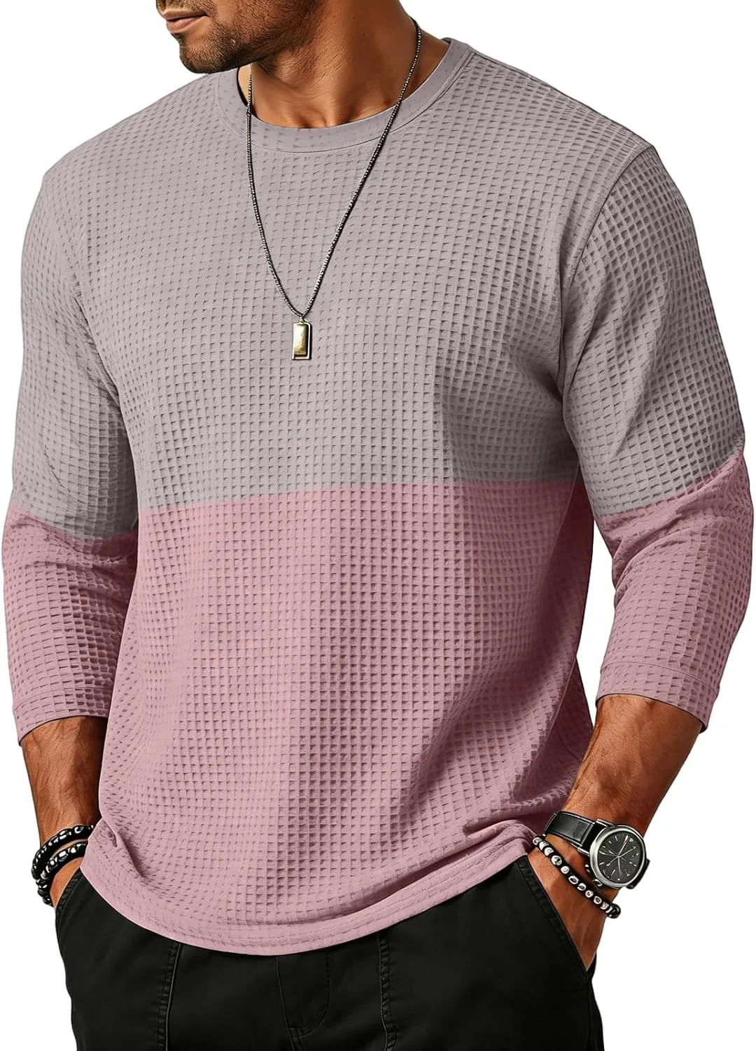 

WENKOMG1 мужская повседневная футболка с вафельной вязкой, 3/4 рукава, цветной блок, S-3XL