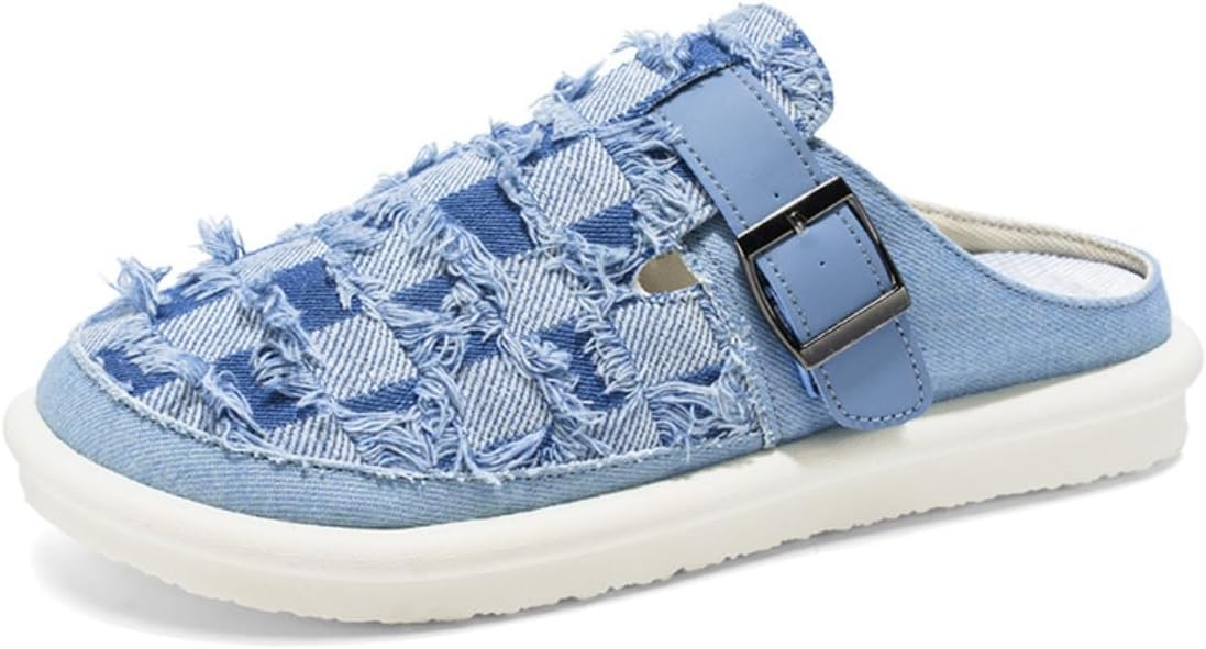 

Тапочки из джинсовой ткани с шахматным узором, стильные, для дома, сада, прогулок, путешествий и повседневной носки, с регулируемым задником, эргономичной стелькой, противоскользящие, легкие, в стиле мюлей Ctkvbmeoi, синий