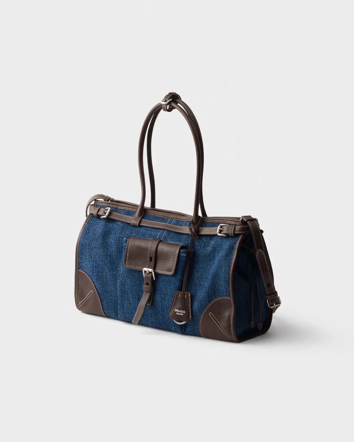 Большая джинсовая и кожаная сумка Prada Bonnie, синий — фото 3