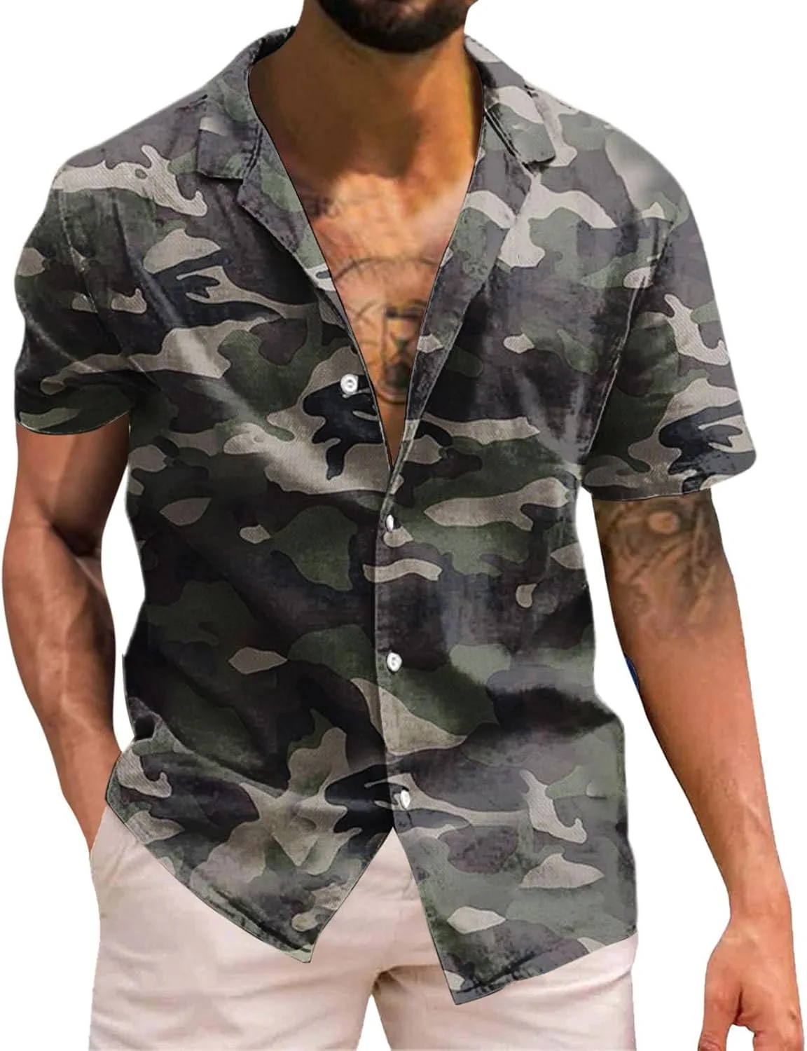 

Мужская повседневная камуфляжная рубашка с лацканами и коротким рукавом