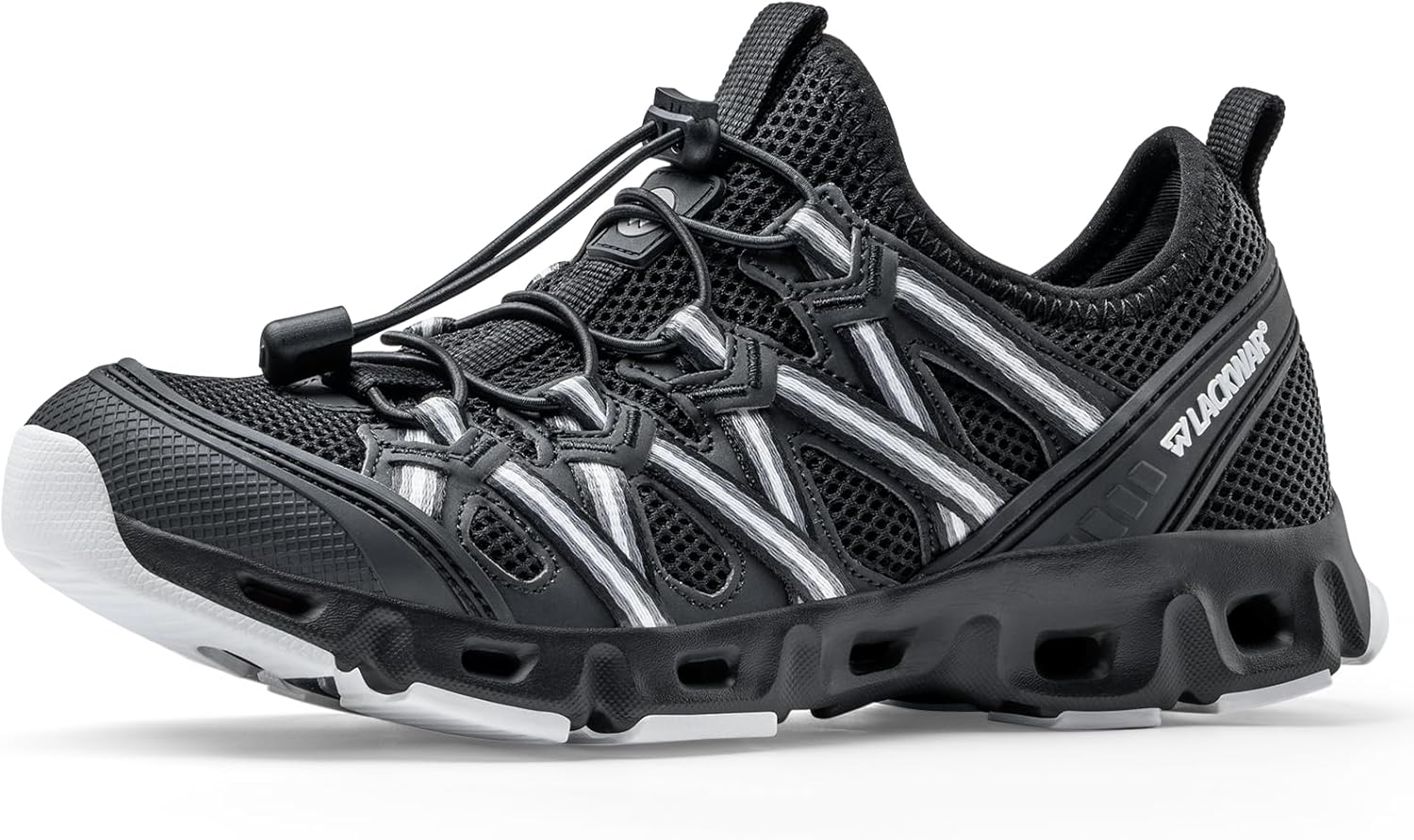 

Мужские водные сандалии с быстрой сушкой для походов и рыбалки, легкие водные кроссовки с подошвой, не скользящей на воде, дренажными отверстиями, дышащей сеткой, без перепада высоты подошвы, мужские водные обувь для реки Lackwar, черный