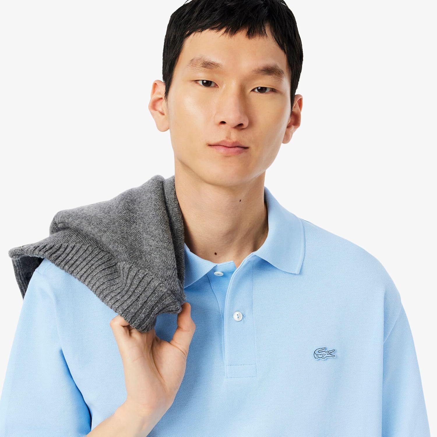 Мужская повседневная официальная поло-рубашка Lacoste из плотной ткани свободного кроя, светло-синий — фото 2