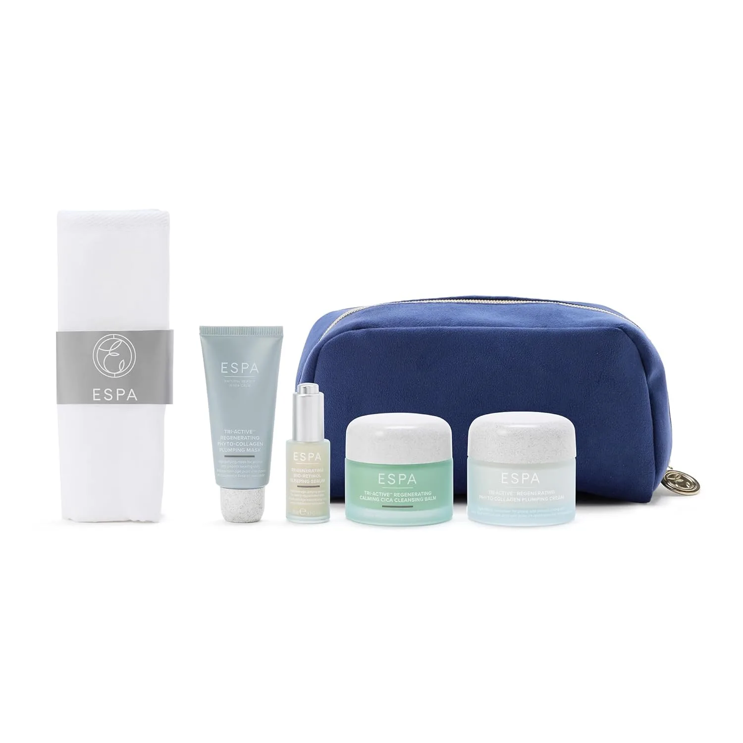 ESPA Luminous Regenerating Collection: антивозрастной набор с фитоколлагеном и биоретинолом для уменьшения морщин и упругости кожи, включает бальзам, крем, сыворотку, маску и салфетку