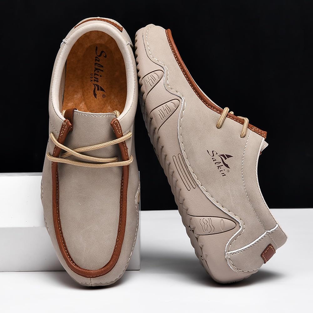 Мужские премиальные лоферы VAXAV с низким верхом, ручной строчкой, из полиуретана, повседневные, для ходьбы и вождения, бежевый — фото 4