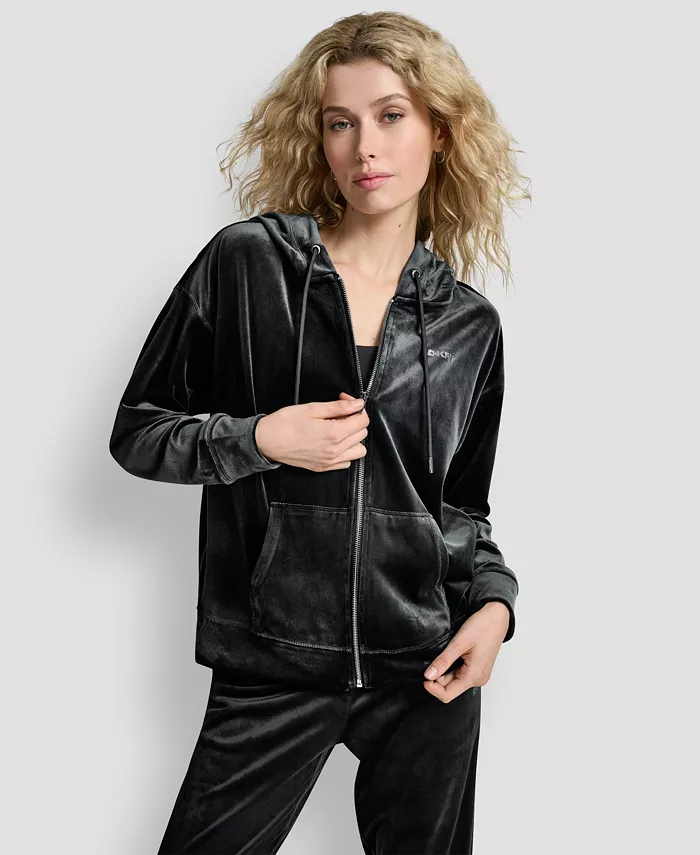 

Женская худи Platinum Velour с логотипом из страз на всю длину молнии Dkny, черный