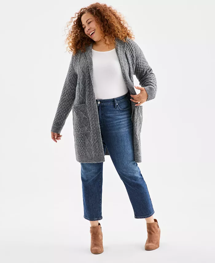 

Плюс сайз массивный кардиган с ажурным узором и открытой полочкой Style & Co, серый