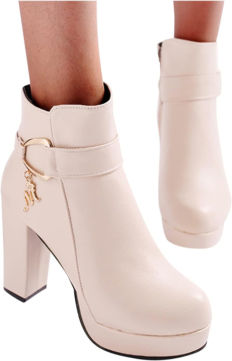 

Женские ботильоны Hbeylia на платформе с боковой молнией, модный дизайн с круглым носком, массивные высокие каблуки, скошенная подошва, короткие ботинки для женщин, для вечерних платьев, свадеб, Рождества и Хэллоуин-вечеринок, белый
