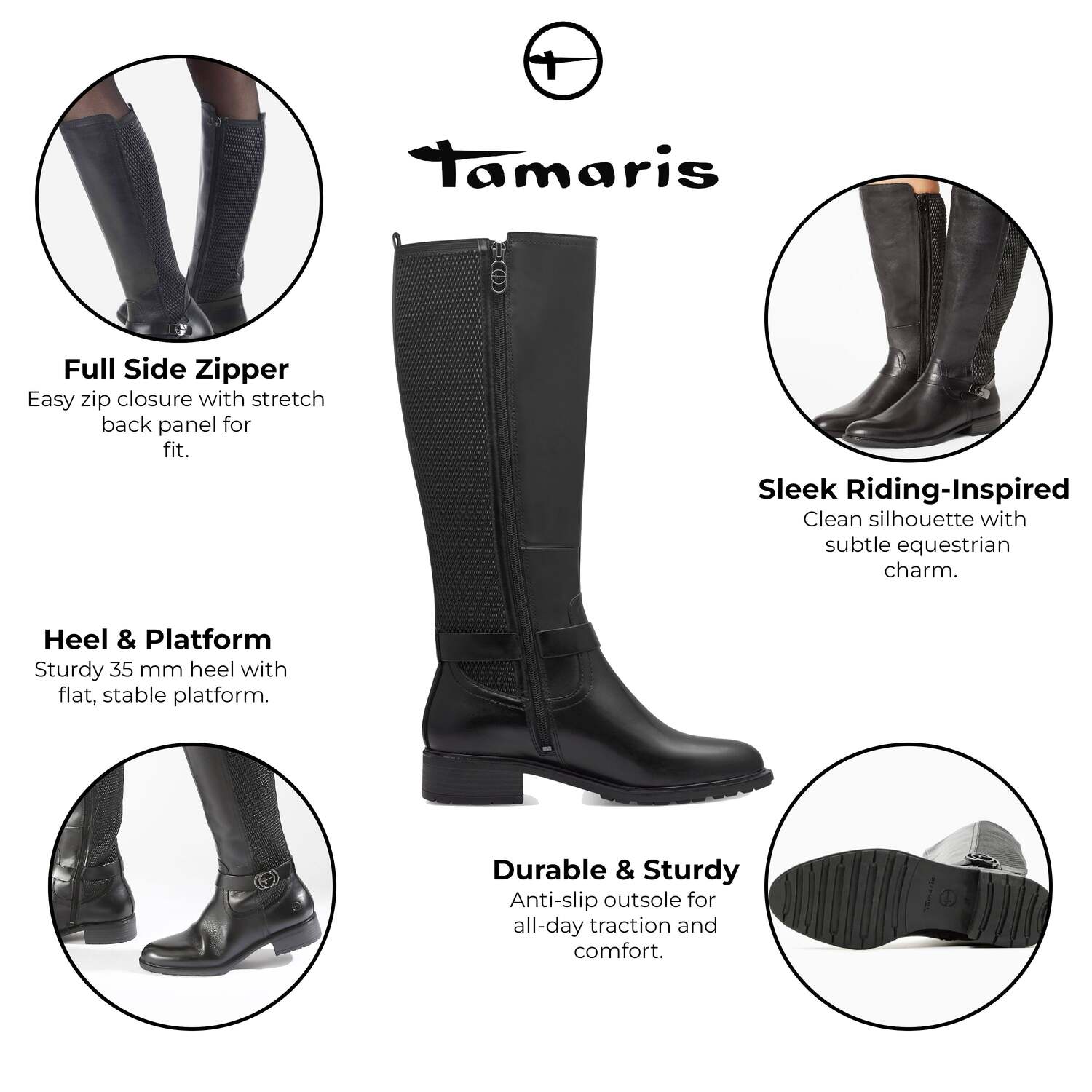 Tamaris Женские черные кожаные высокие сапоги для верховой езды TMRS — фото 2