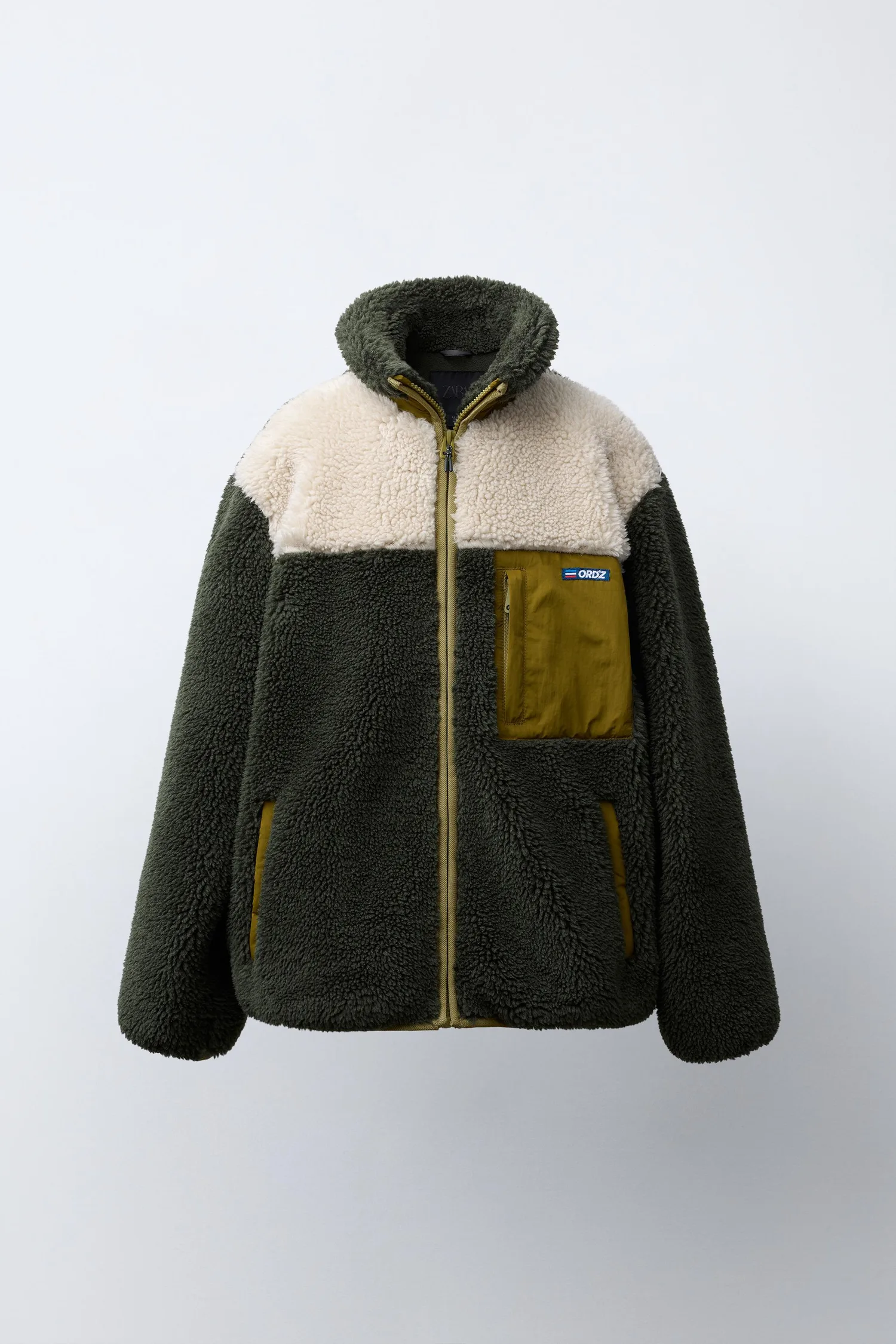 Куртка из искусственной овчины с цветовыми блоками Zara, хаки