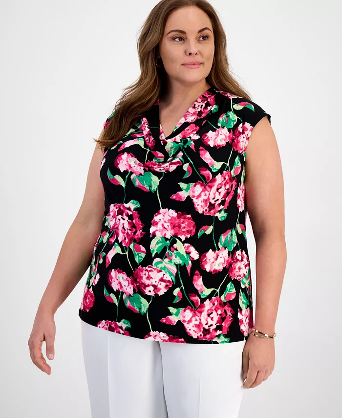 

Топ с капюшоном и короткими рукавами в цветочном принте, plus size Kasper, черный
