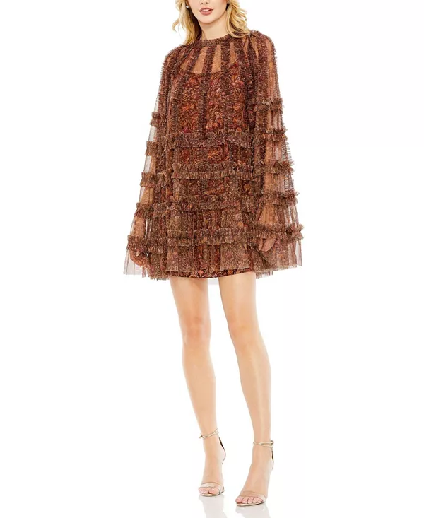 

Платье А-силуэта с длинными рукавами и расклешенной юбкой из сетчатой ткани с цветочным принтом Mac Duggal, коричневый