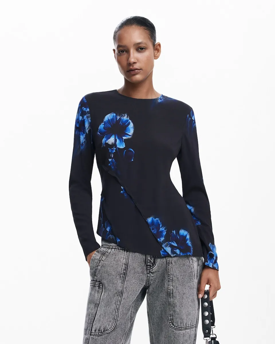 

Женская асимметричная футболка с длинным рукавом Desigual, черный