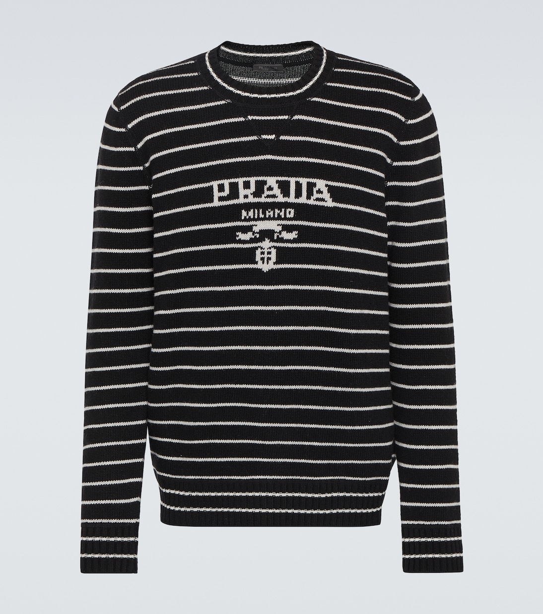 

Полосатый шерстяной свитер с кашемиром Logo Prada, Nero + Bianco