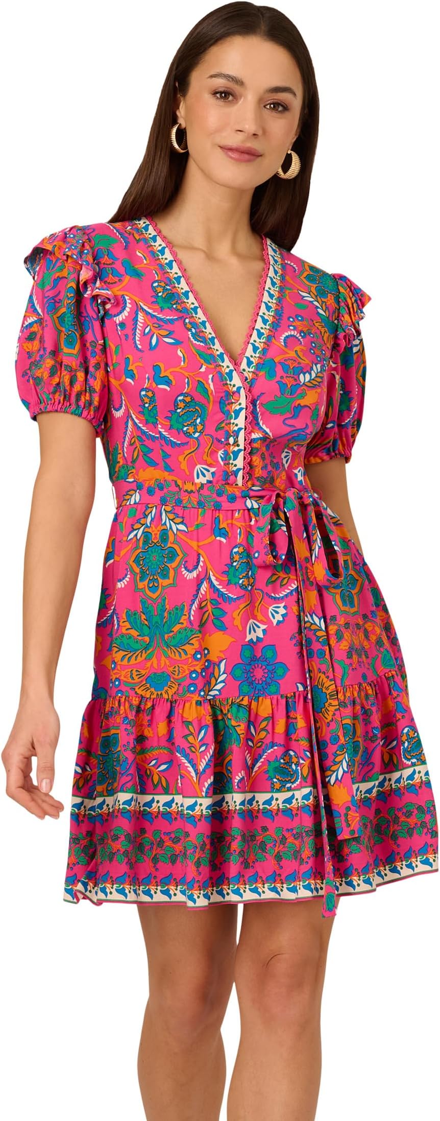 

Женское короткое платье с воланами и принтом Adrianna Papell, Hot Pink/Multi