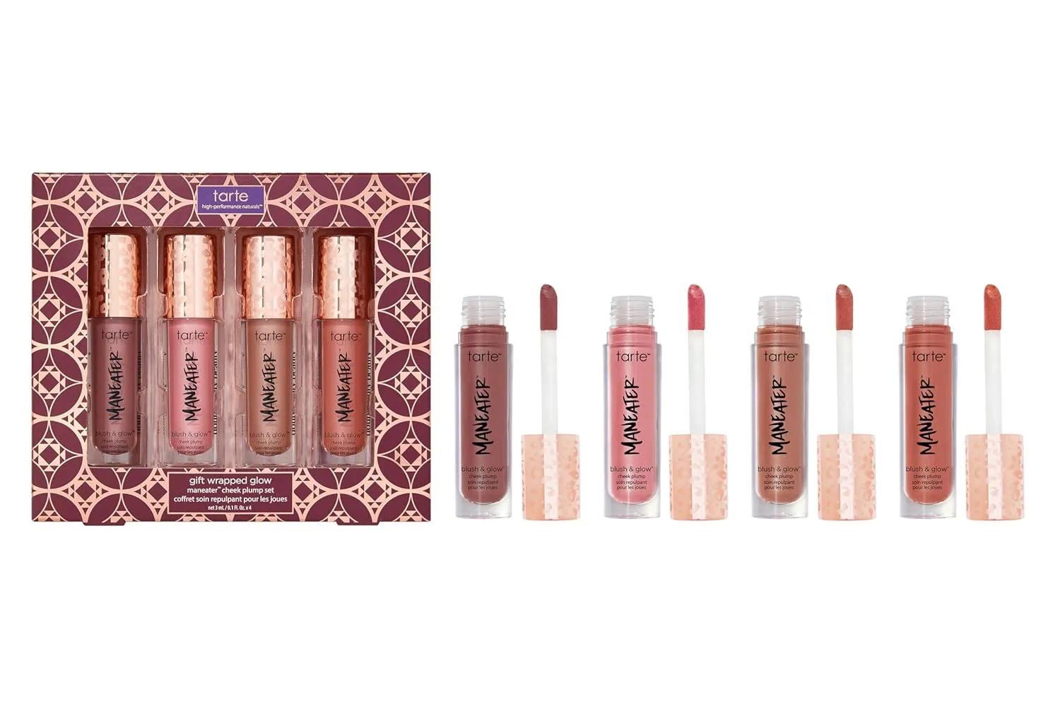 Tarte Maneater Blush & Glow Cheek Plump - легкий тинт и хайлайтер для щек с кокосовой водой, гиалуроновой кислотой и витамином E для увлажненного, гладкого и сияющего финиша, веганский, без жестокости, pink, buff, coral & raspberry