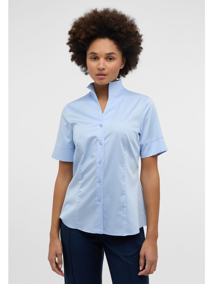 

Атласная блузка-рубашка, атласная ткань, короткий рукав, светло-голубой цвет Eterna