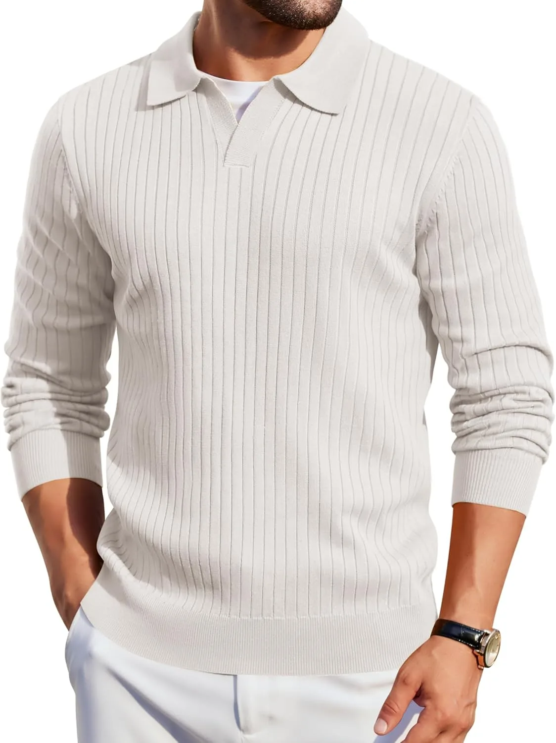 

COOFANDY мужской вязаный поло с длинным рукавом и V-образным вырезом