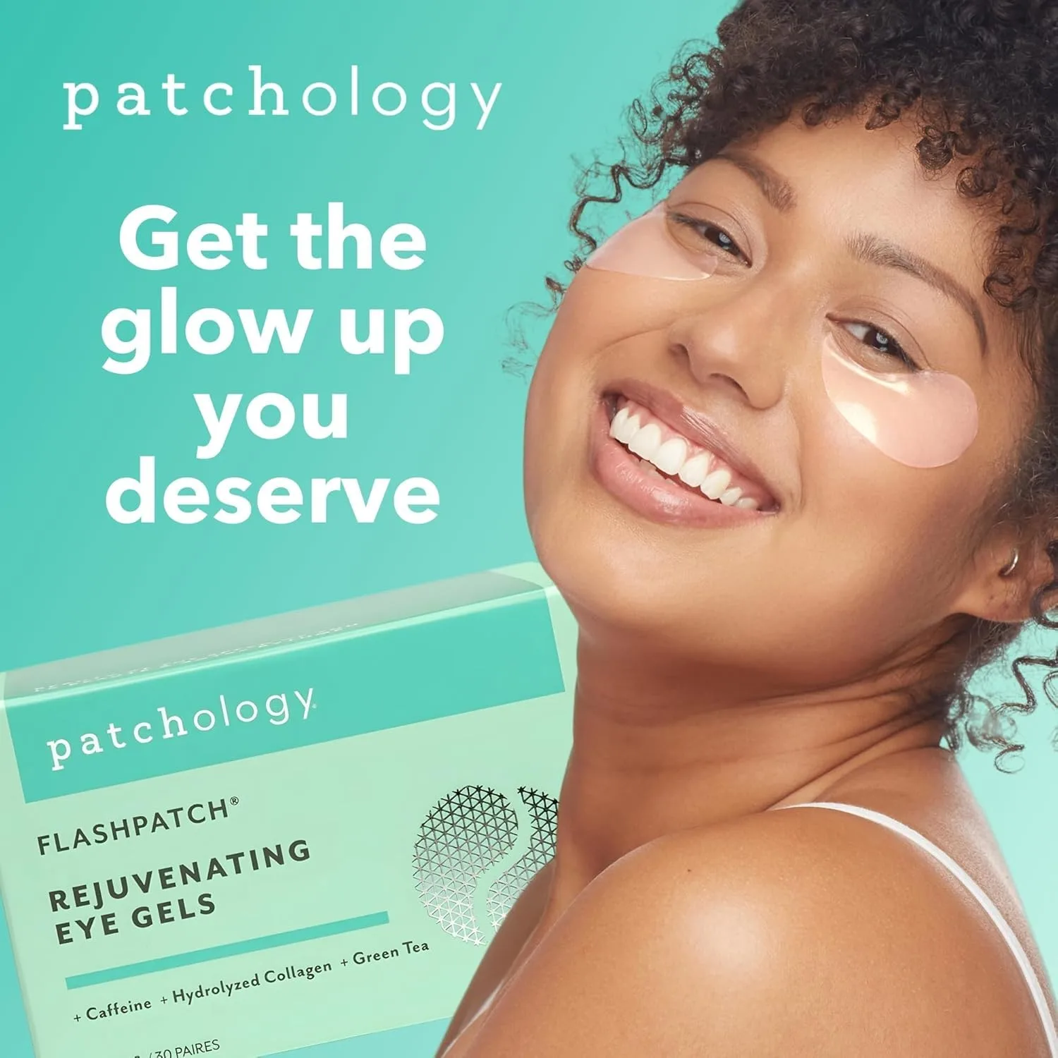 Patchology Rejuvenating Under Eye Gels - увлажняющая патч-маска для глаз с кофеином, гидролизованным коллагеном и центеллой азиатской - 30 пар, GREEN — фото 2