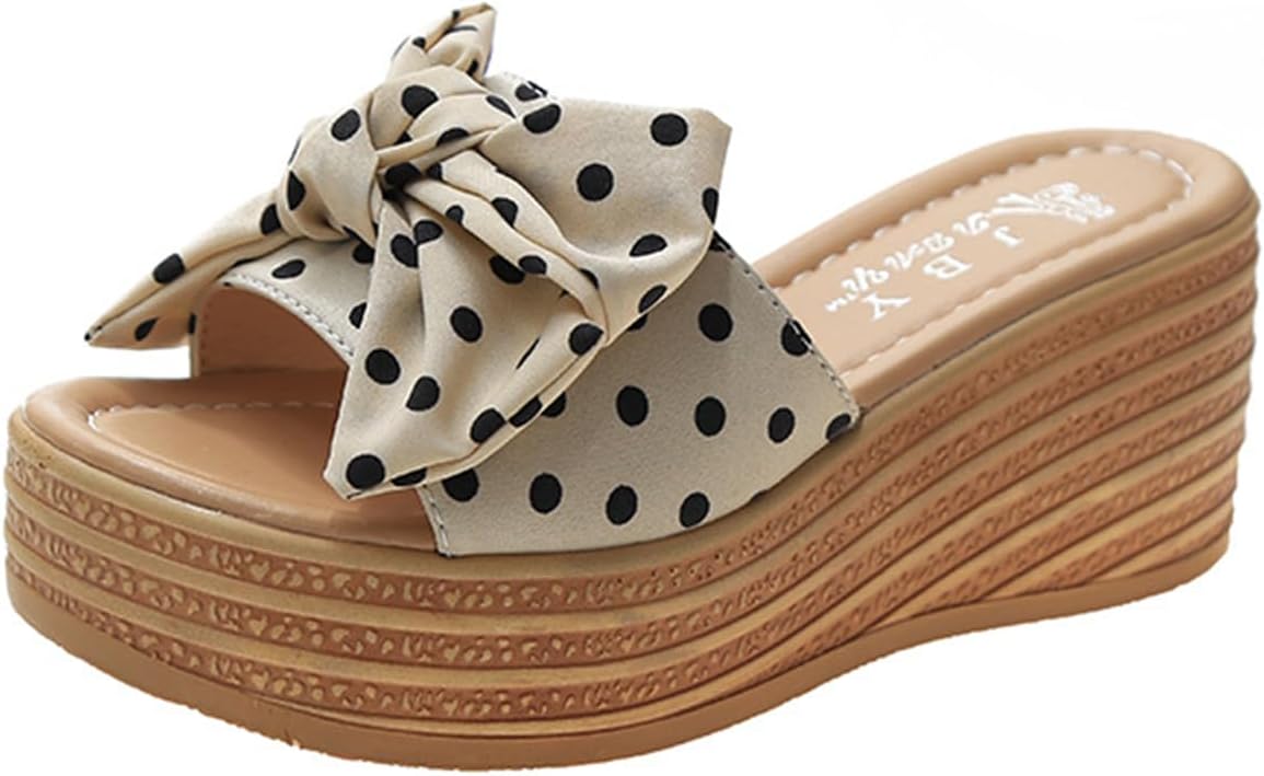 

Женские платформенные сандалии-эспадрильи с высокими каблуками, бантом и гороховым узором, повседневные модные сандалии с открытым носком на платформе, классические пляжные шлепанцы и мюли Generic, бежевый
