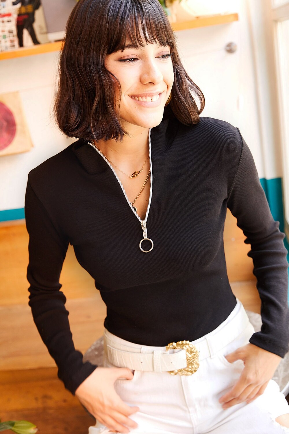 

Женская черная водолазка, белая блузка из лайкры на молнии Olalook, черный