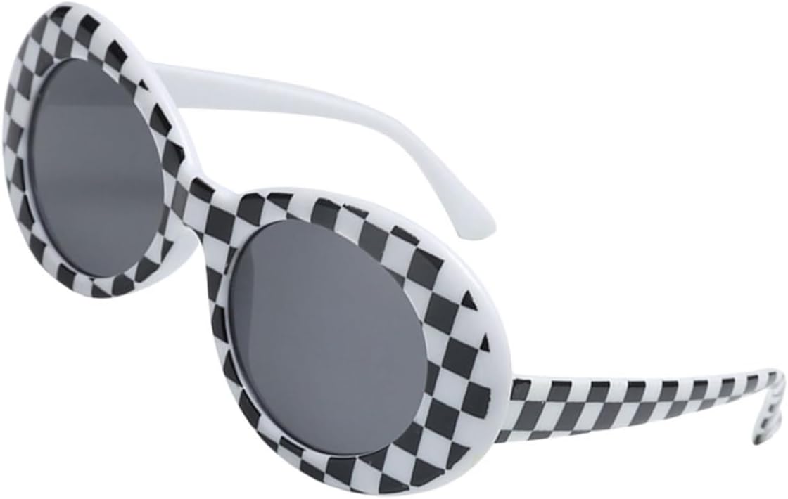

Овальные солнцезащитные очки для женщин и мужчин в стиле ретро с белой клетчатой ​​оправой и защитой от УФ-излучения. Модные очки унисекс для летней вечеринки GLSTOY, Multi -Material:PC -Product Info:sunglasses -Size: 14