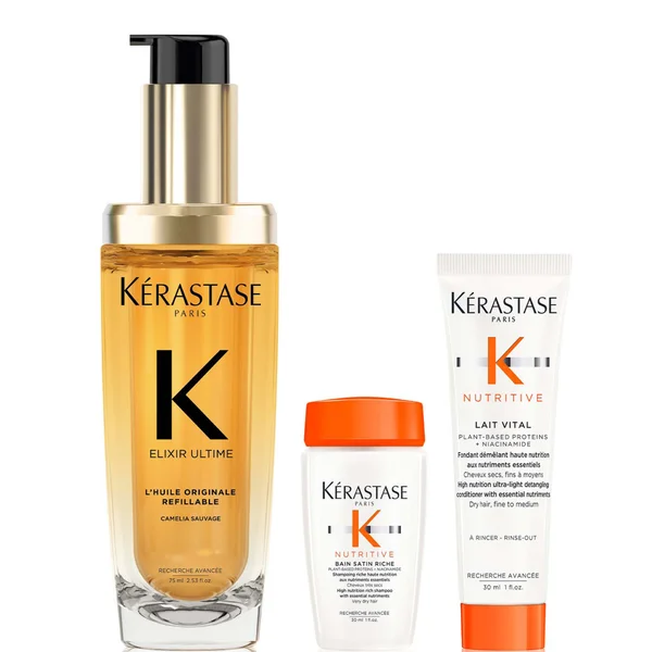 

Масло для волос kérastase elixir ultimate l'huile original 75 мл с мини-шампунем nutritive 30 мл и кондиционером 30 мл в комплекте Kerastase