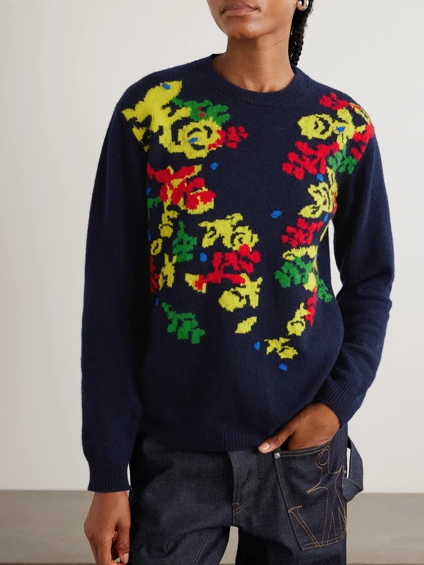 Свитер из кашемира с цветочной интарсией от Pringle JW ANDERSON, синий — фото 3
