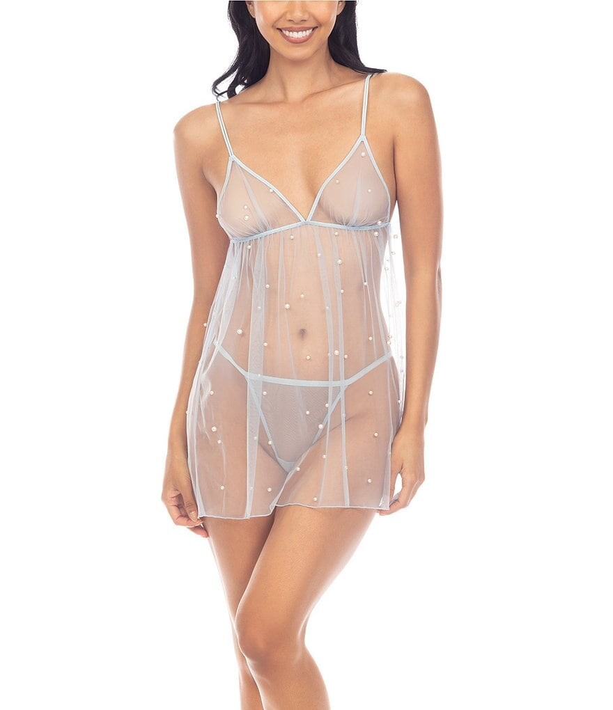 

Honeydew Intimates Pretty In Pearls Прозрачная сетка с v-образным вырезом, без рукавов, с лентой и завязкой на спине, комплект Babydoll, синий