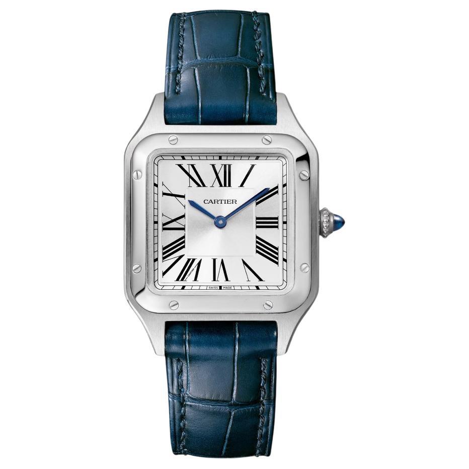 

Cartier Женские часы Santos de с кварцевым механизмом, 38 мм, серебристый циферблат, стальной корпус, ремешок из крокодиловой кожи