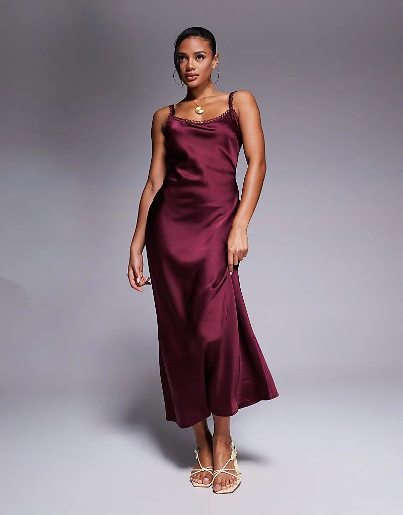 

Платье миди ASOS DESIGN из атласа с лифом ами и вырезом пико бордового цвета
