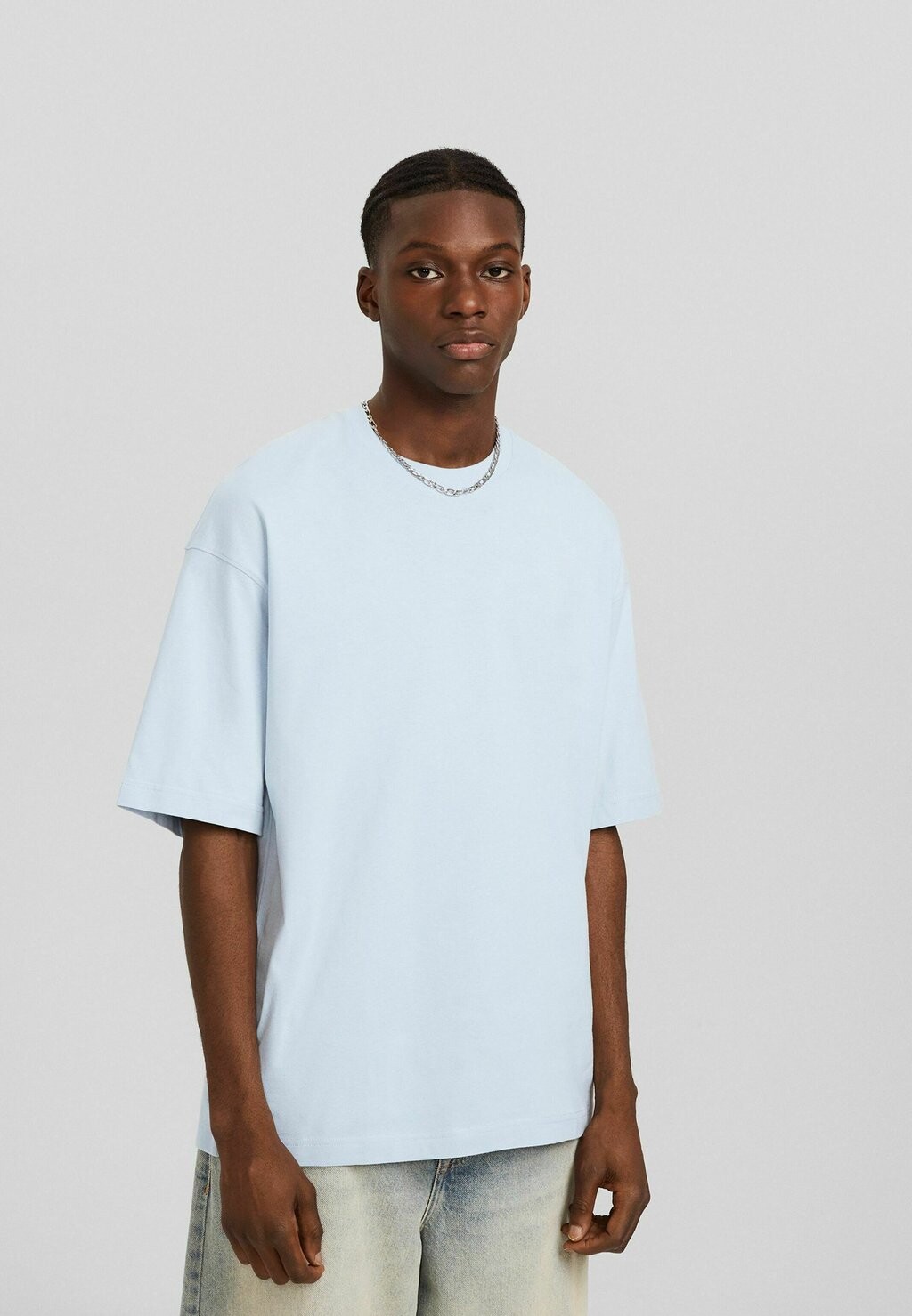 

Базовая футболка Short Sleeve Bershka, цвет light blue, Серый, Базовая футболка Short Sleeve Bershka, цвет light blue