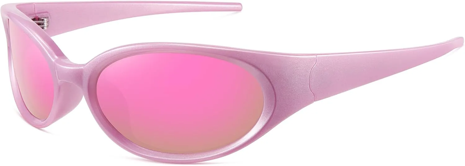 

WOWSUN Ретро Y2K Солнцезащитные очки с обтекаемой формой для женщин, модные поляризованные спортивные очки с защитой от УФ-излучения, Pink Frame Pink Lens