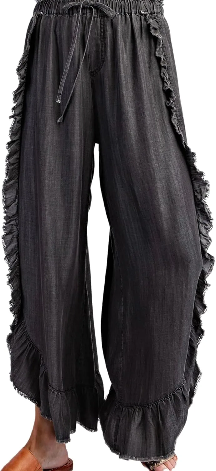 

Джинсы для женщин 2024 лето бохо с рюшами и необработанным краем TACSTRUN