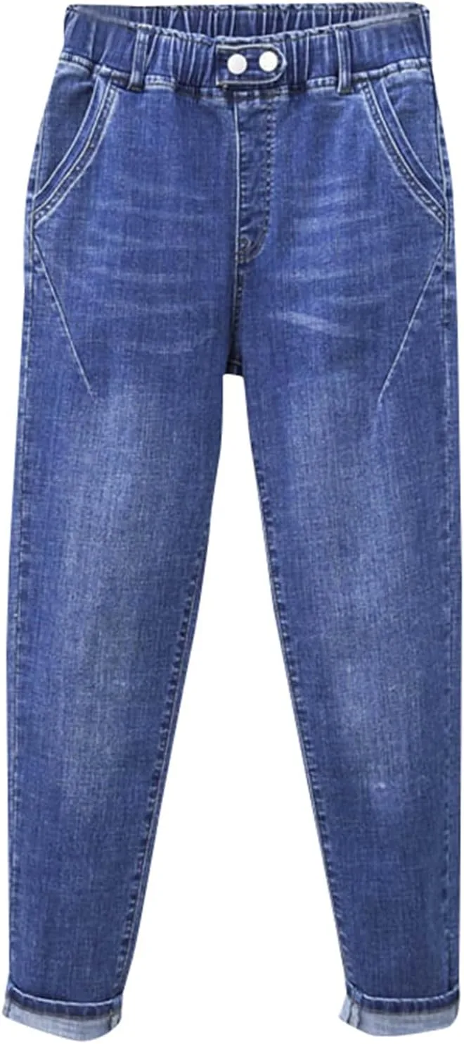 

Женские джинсы-джоггеры с эластичным поясом и завязками