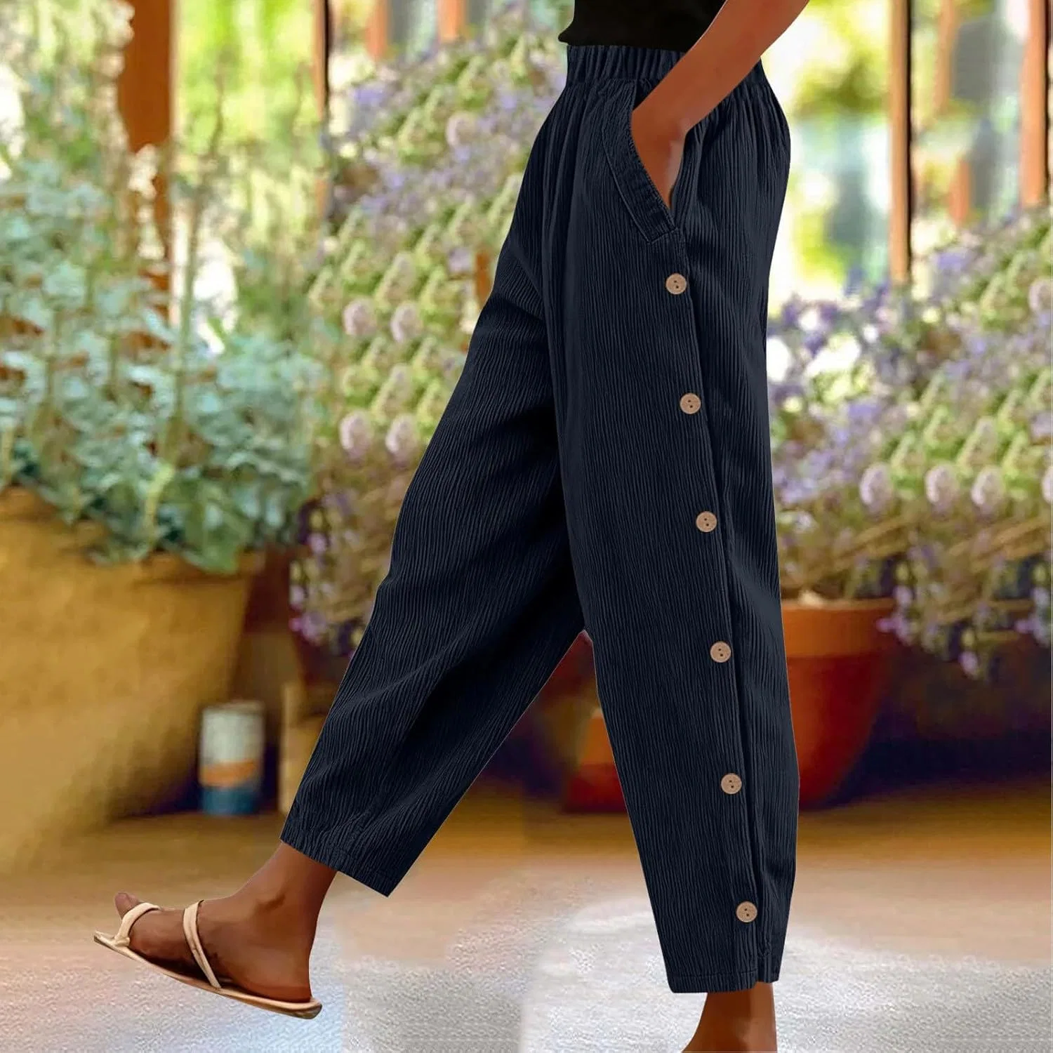 Женские брюки из вельвета Casual Wide Leg в стиле Treetop с эластичным поясом и комфортной посадкой Palazzo для повседневной носки Generic, темно-синий — фото 2