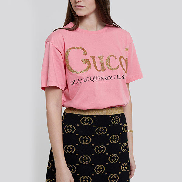 Футболка bronzing alphabet short sleeve pink t-shirt Gucci, розовый — фото 4