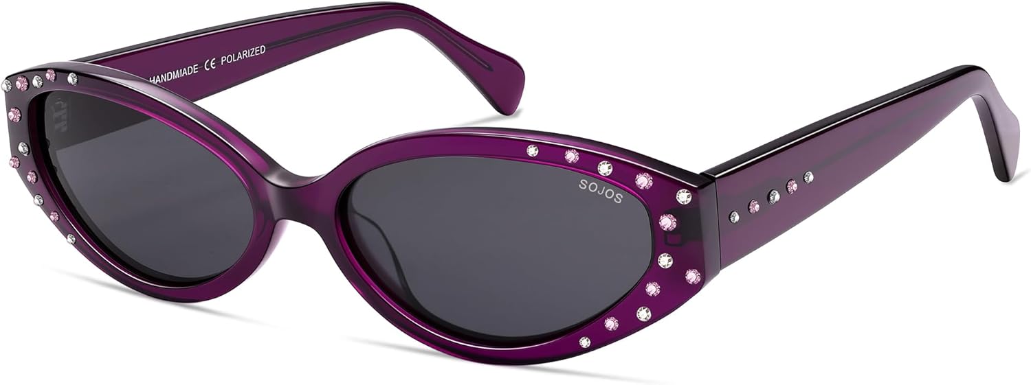 

Солнцезащитные очки SOJOS Acetate Polarized Retro для женщин, овальная форма «кошачий глаз», винтажные узкие солнцезащитные очки SJ3131, с мерцающим эффектом, Purple/Grey