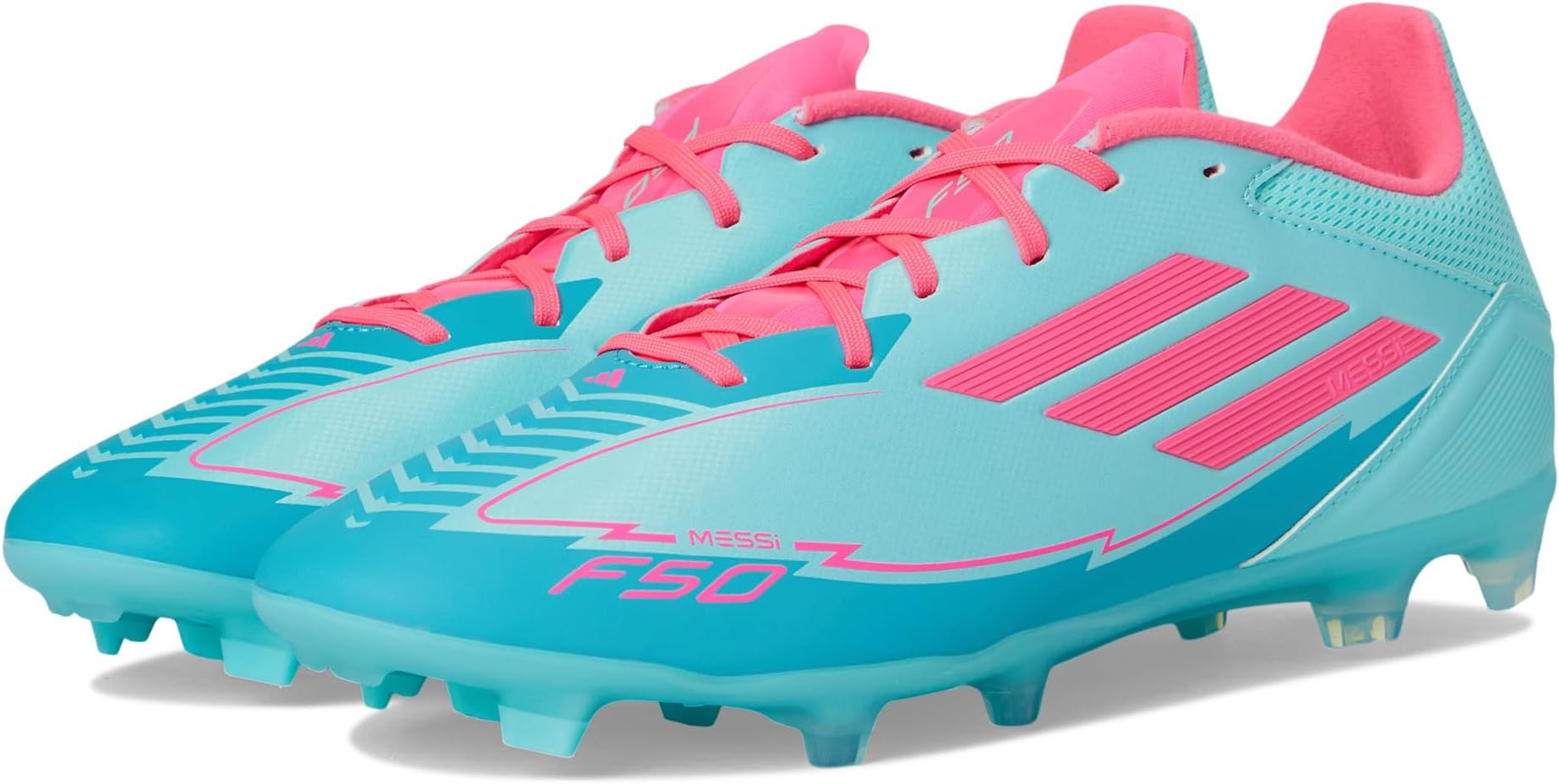 Кроссовки adidas F50 League Messi Firm Ground/Multi Ground Soccer Cleats, цвет Flash Aqua/Lucid Pink/Lucid Cyan