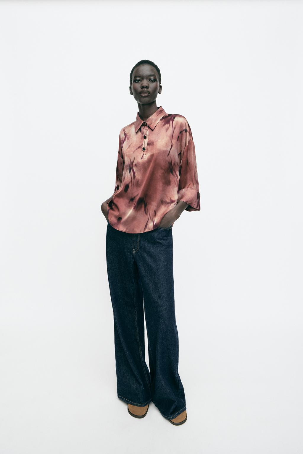 

Атласная рубашка с принтом ZARA, разноцветный