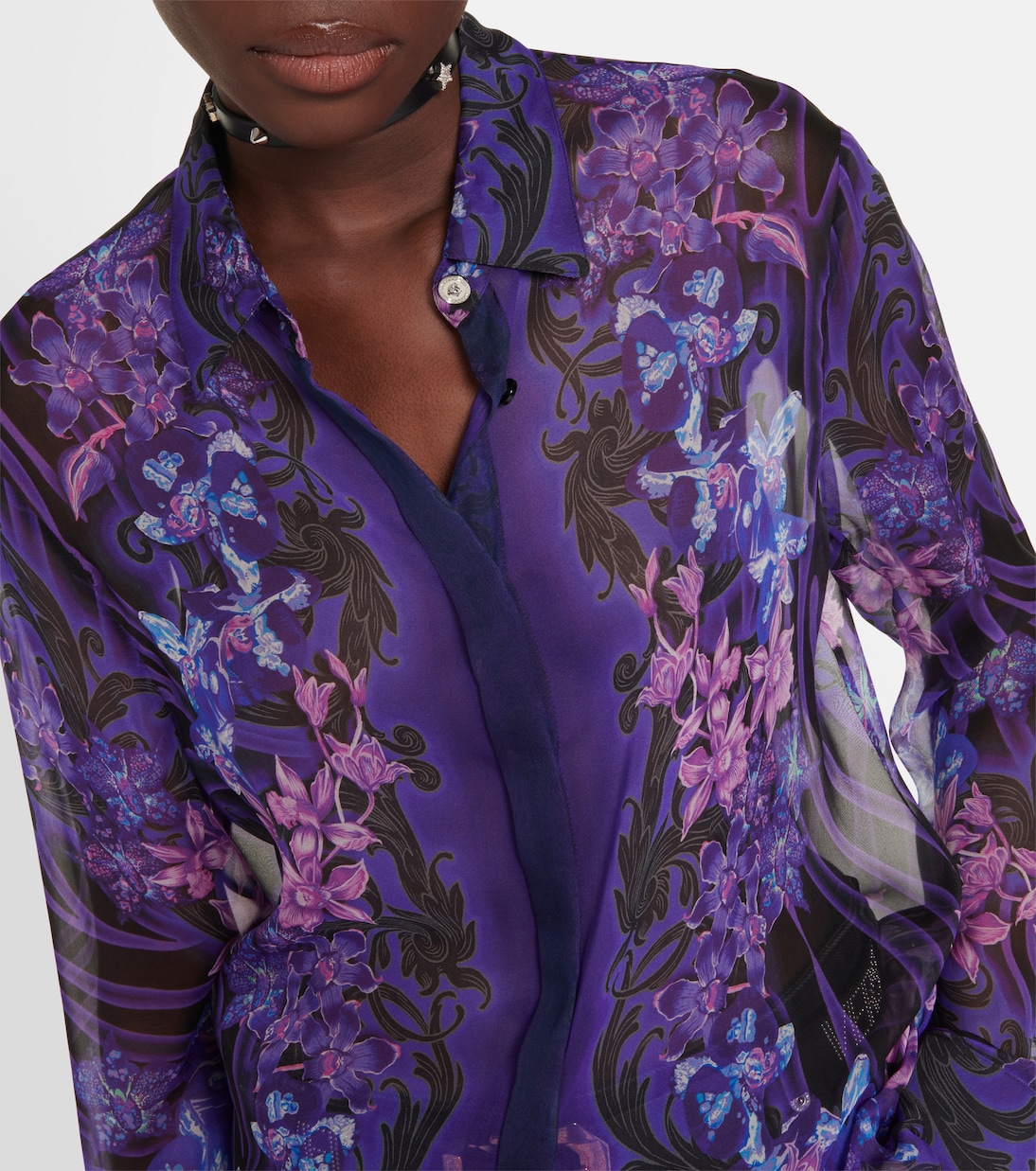 Рубашка из шелкового шифона с цветочным принтом Versace, фиолетовый — фото 4