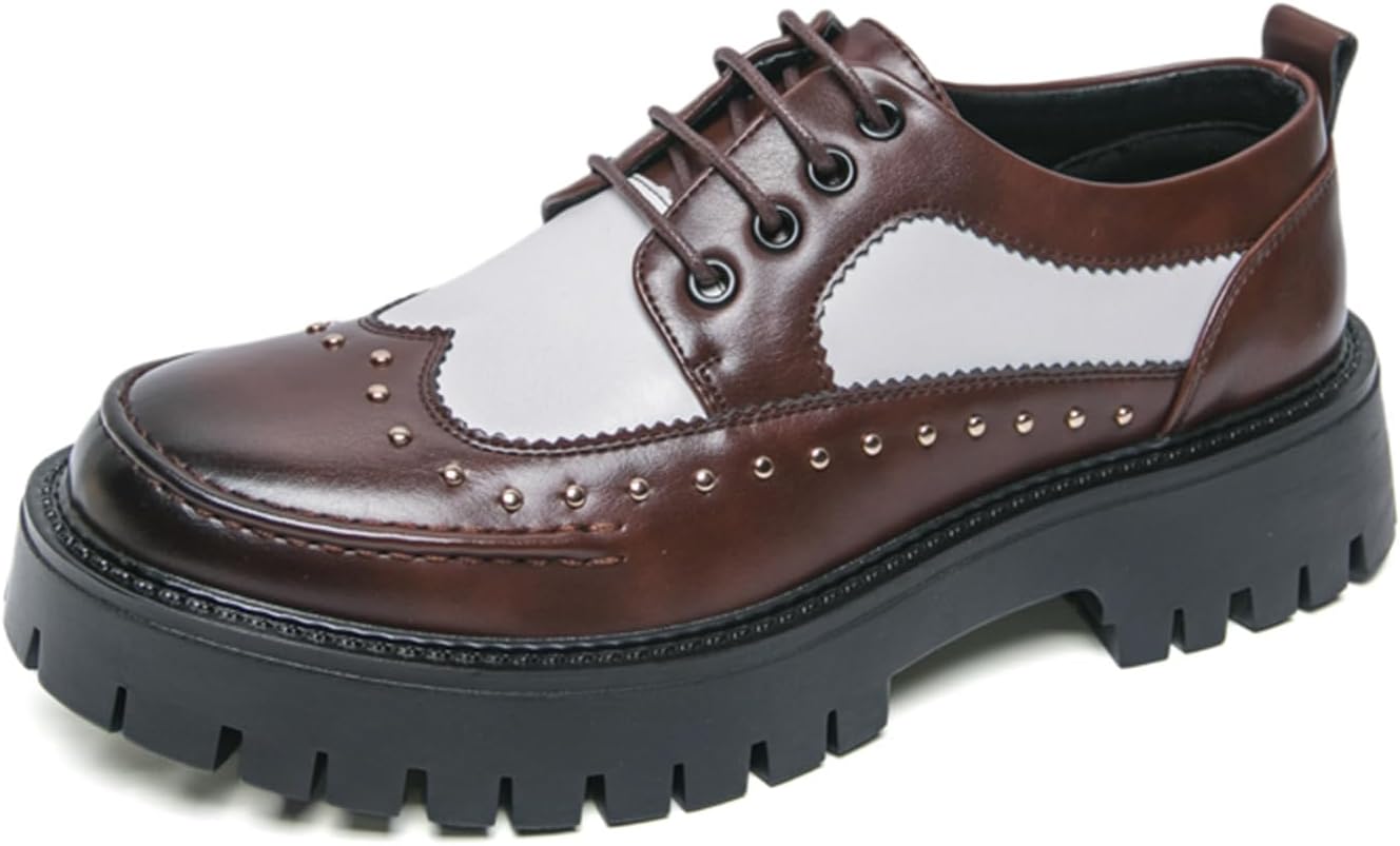 

Мужские туфли-оксфорды из лакированной кожи с шнуровкой, крыльями, массивным каблуком на платформе, заклепками, круглым носком, винтажного брогового стиля, удобные нарядные туфли для бизнеса Tixewsjh, коричневый