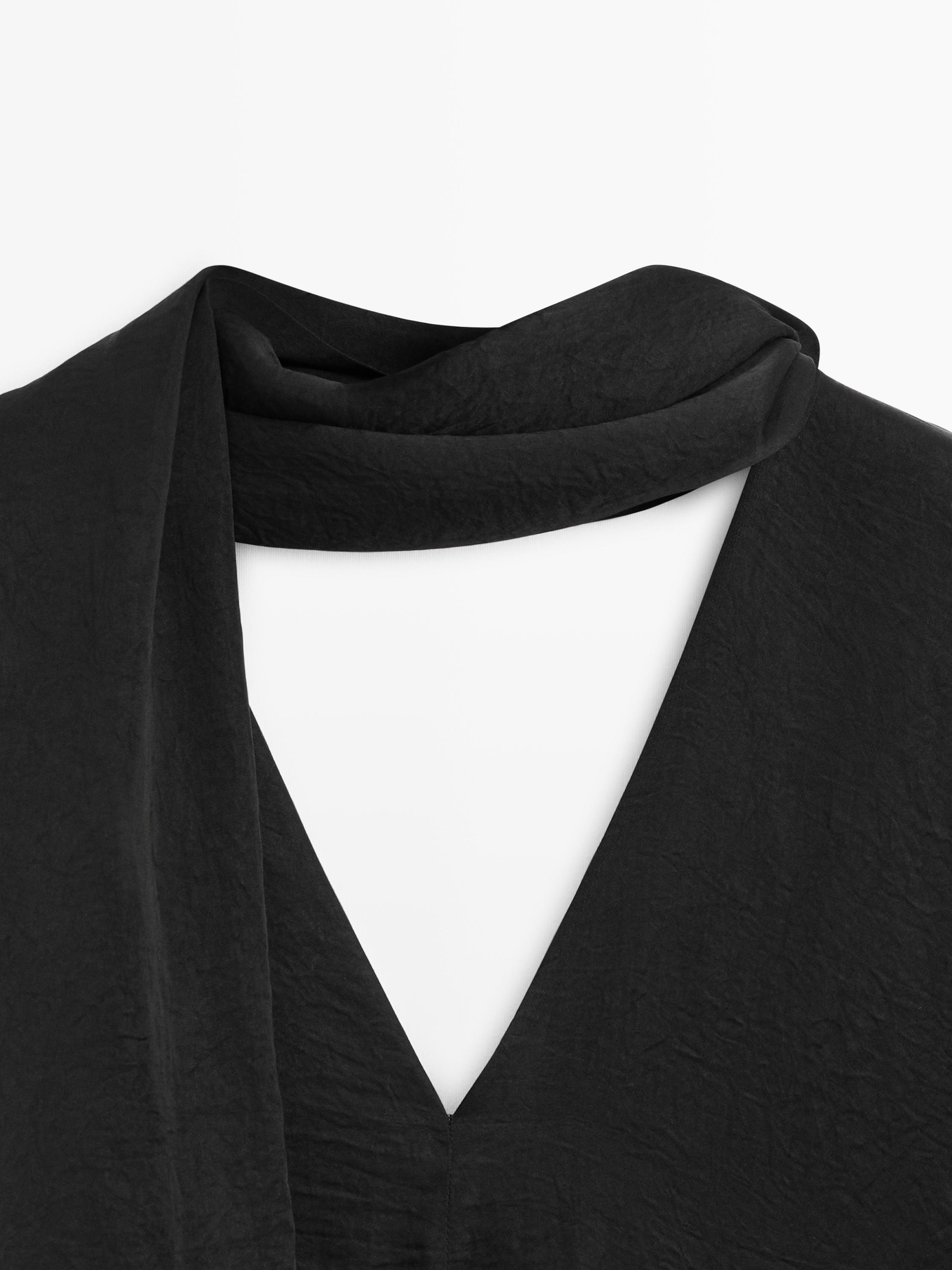 Блуза с V-образным вырезом и завязками - Studio Massimo Dutti, black — фото 4