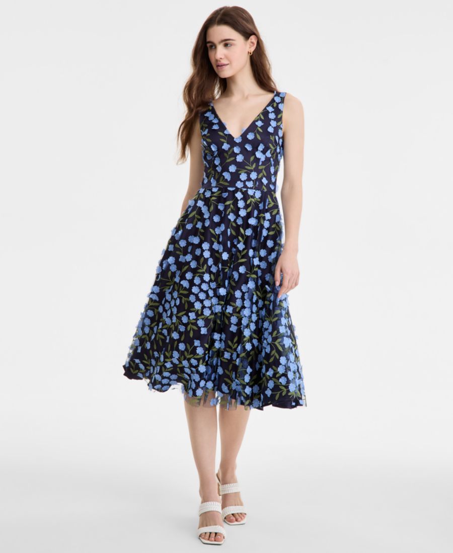 

Женское миди-платье с V-образным вырезом и цветочным принтом из сетчатой ткани Eliza J, Black/Blue