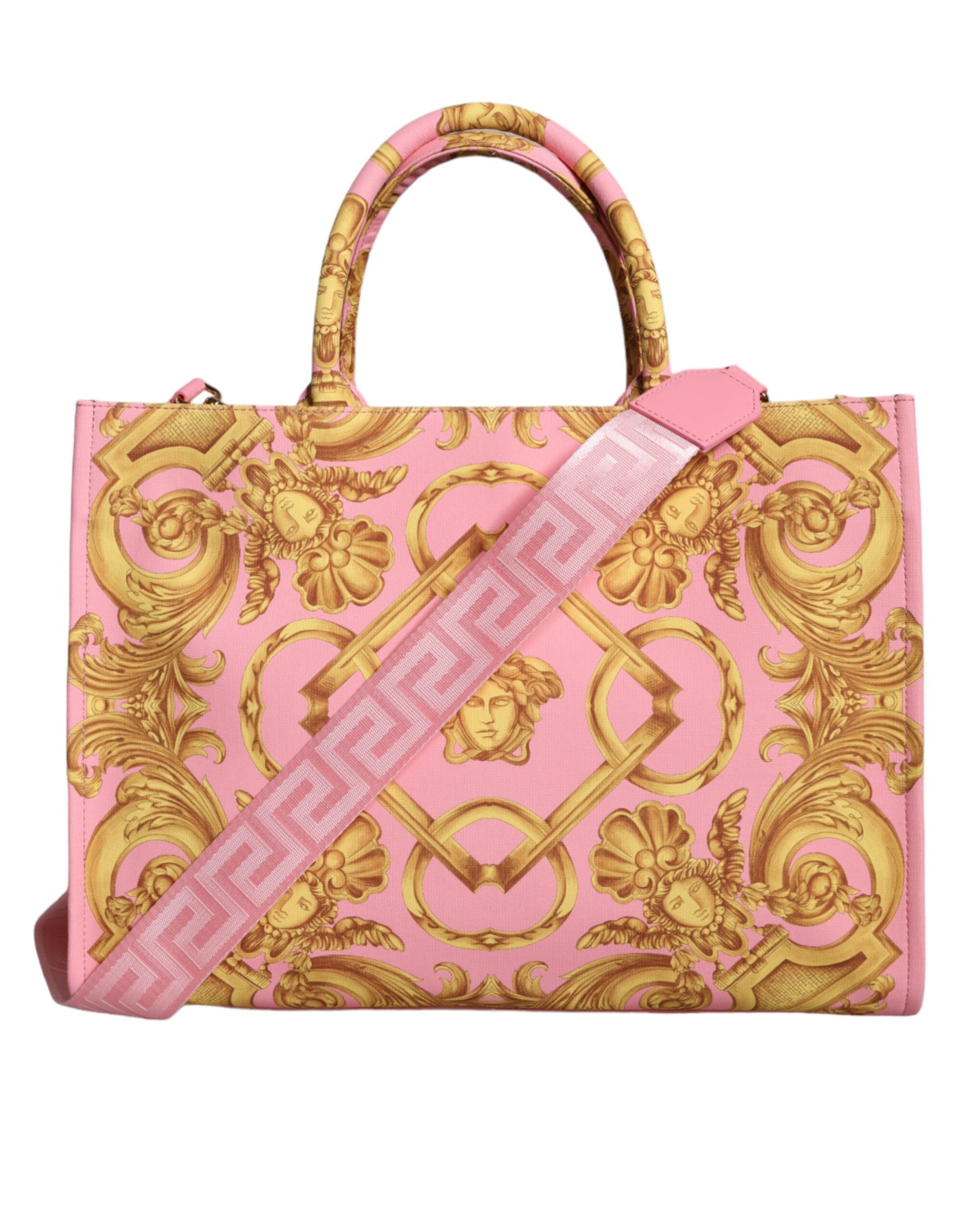

Большая женская сумка-тоут из кожи и ткани с принтом Versace, розовый