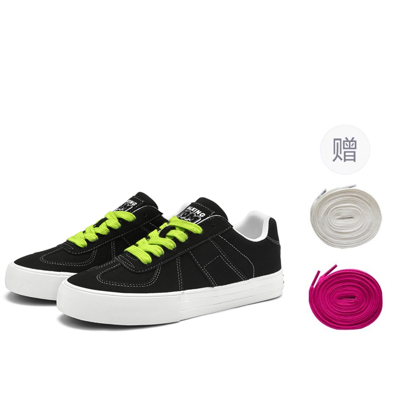 

TALKING TOM Износостойкие дышащие низкие скейтерские кроссовки унисекс черные [в комплекте шнурки неоново-зеленые/белые/пурпурные]